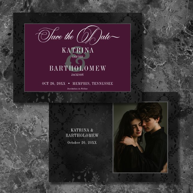 Reserva La Fecha Oscuro Gótico Floral Satin Damask Wine Photo (Dark Gothic Black Floral Satin Damask Wine Photo Save The Date)