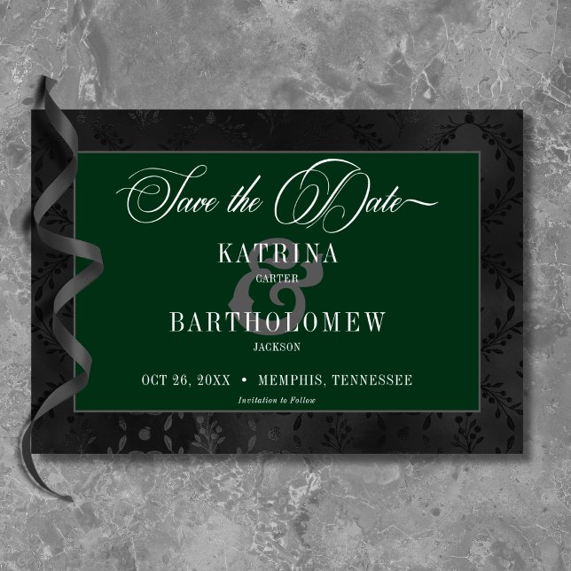 Reserva La Fecha Oscuro Gótico Negro Floral Satin Damask Verde (Dark Gothic Black Floral Satin Damask Green Save The Date)