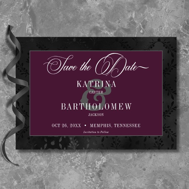 Reserva La Fecha Oscuro Gótico Negro Floral satino Damask Wine Boda (Dark Gothic Black Floral Satin Damask Wine Wedding Save The Date)