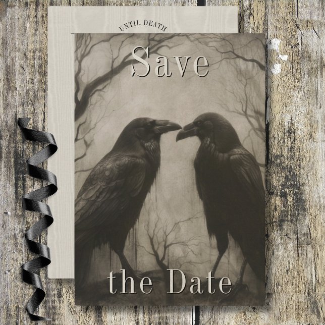Reserva La Fecha Oscuro Gótico Negro y Tan Raven Boda de pareja (Dark Gothic Black & Tan Raven Couple Wedding Save The Date)