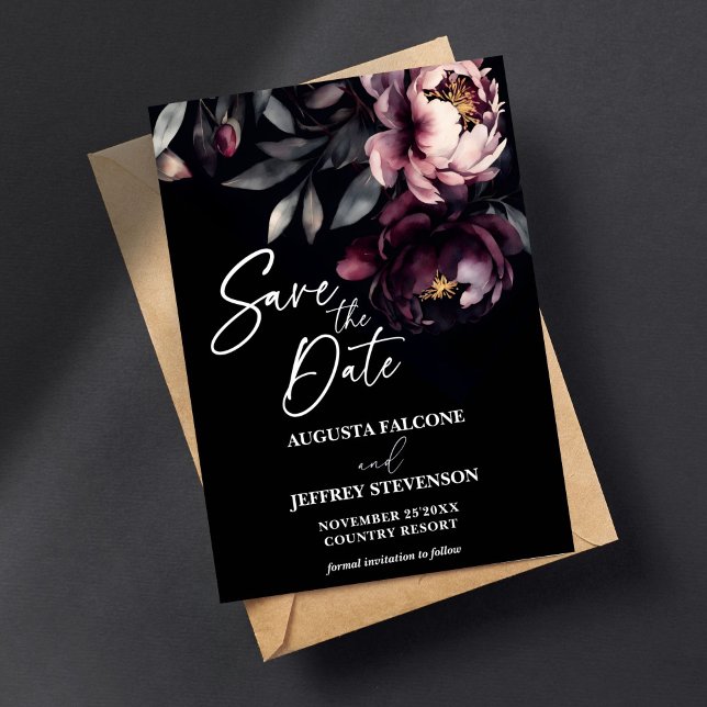 Reserva La Fecha Oscuro moody noir elegantes peonías burgundy (Dark moody noir elegant burgundy peonies save the date card editable template digital download)