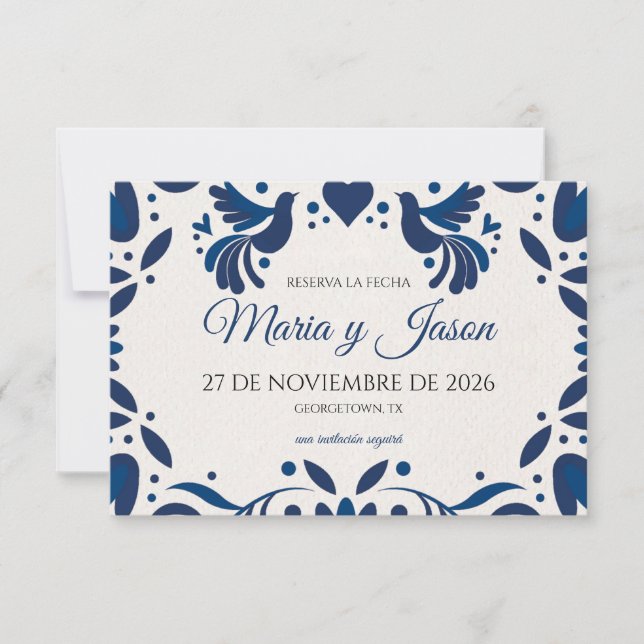 Reserva La Fecha Otomi Blue Floral Elegant Fiesta Spanish Wedding (Anverso)