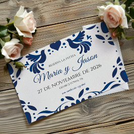 Reserva La Fecha Otomi Blue Floral Elegant Fiesta Spanish Wedding