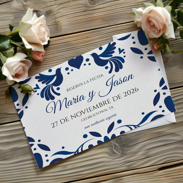 Reserva La Fecha Otomi Blue Floral Elegant Fiesta Spanish Wedding (Otomi Blue Floral Elegant Fiesta Spanish Wedding Save The Date)