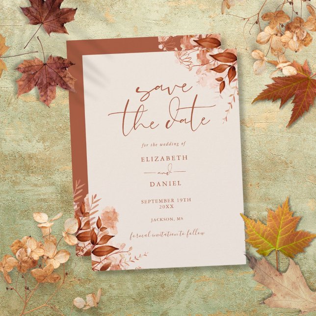 Reserva La Fecha Otoño Boda de escritura floral rusa (Autumn Fall Rustic Floral Script Wedding Save The Date)