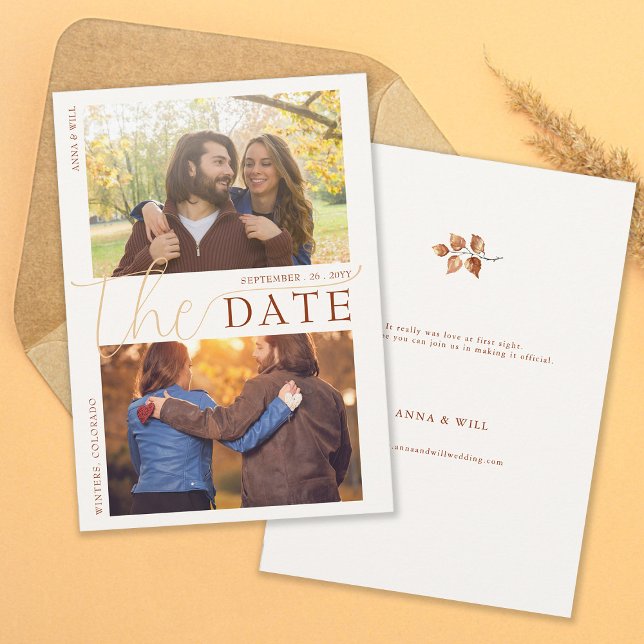 Reserva La Fecha Otoño deja a Terracotta moderna foto de boda otoño (Autumn Leaves Fall Wedding Photo Save the Date Elegant Modern Calligraphy Terracotta Foliage Orange)