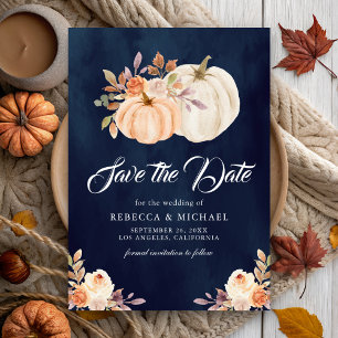 Reserva La Fecha Otoño Floral Terroso Calabaza Azul Marino Boda