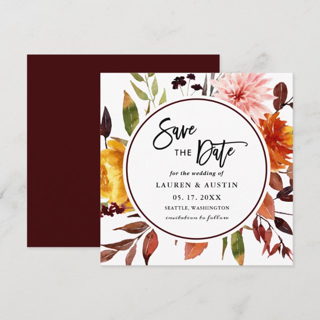 Reserva La Fecha Otoño Jardín Acuarela Boda Square Save the D (Anverso / Reverso)