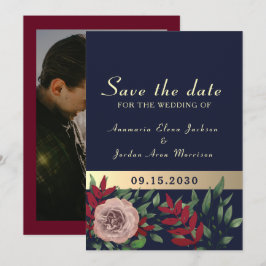 Reserva La Fecha Otoño Navy Burgundy Floral Boda