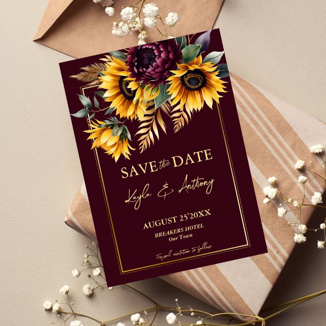 Reserva La Fecha Otoño verano boda burgundy girasoles (Fall summer wedding burgundy and yellow sunflowers save the date card template digital download)