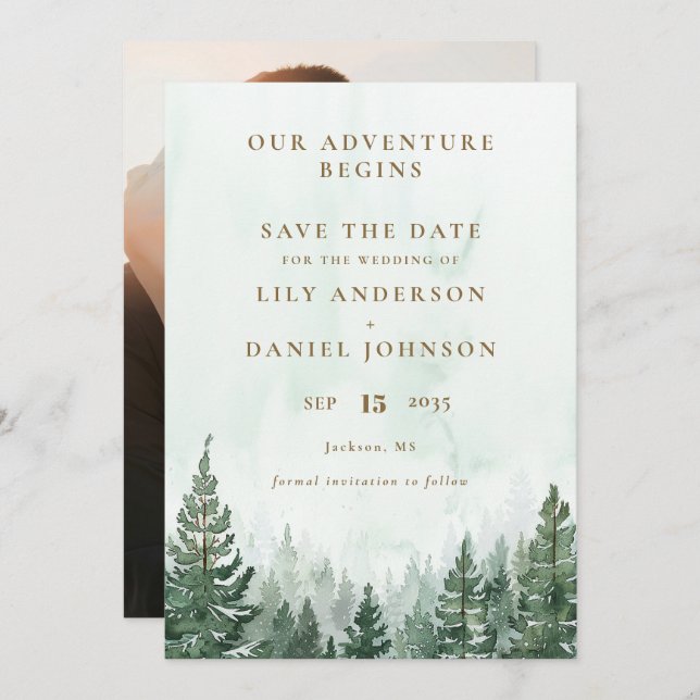 Reserva La Fecha Our Adventure Rustic Pine Forest Photo Wedding (Anverso / Reverso)
