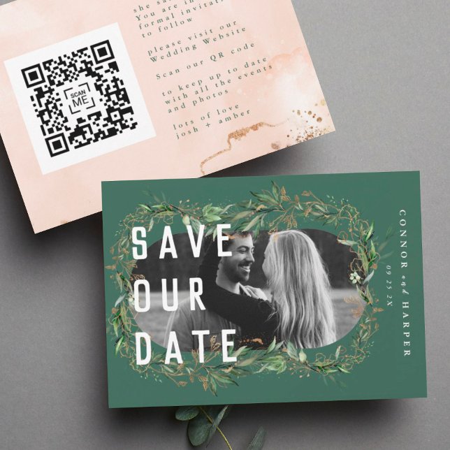 Reserva La Fecha Oval Boho Bold QR Código moderno Leafy Golden Phot (Subido por el creador)