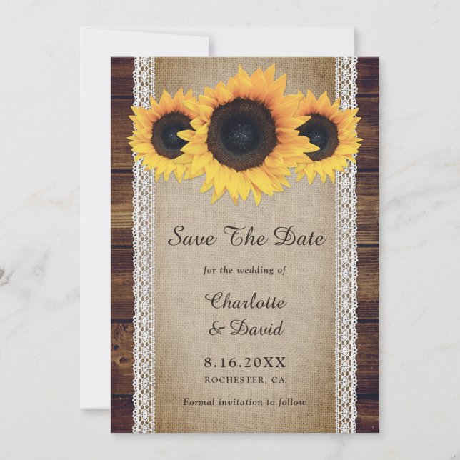 Reserva La Fecha País Rústico del girasol Madera Burlap Lace Boda (Anverso)