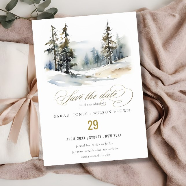 Reserva La Fecha Paisaje de boda de invierno elegante con pinos y n (Subido por el creador)