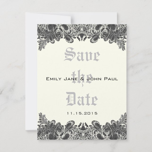 Reserva La Fecha Paisley Black & Ivory Damask Wedding Save the Date (Anverso)