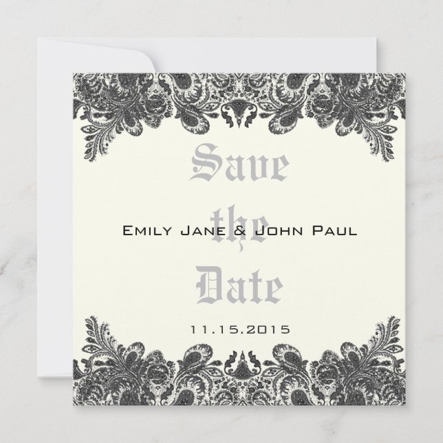 Reserva La Fecha Paisley Black & Ivory Damask Wedding Save the Date (Anverso)