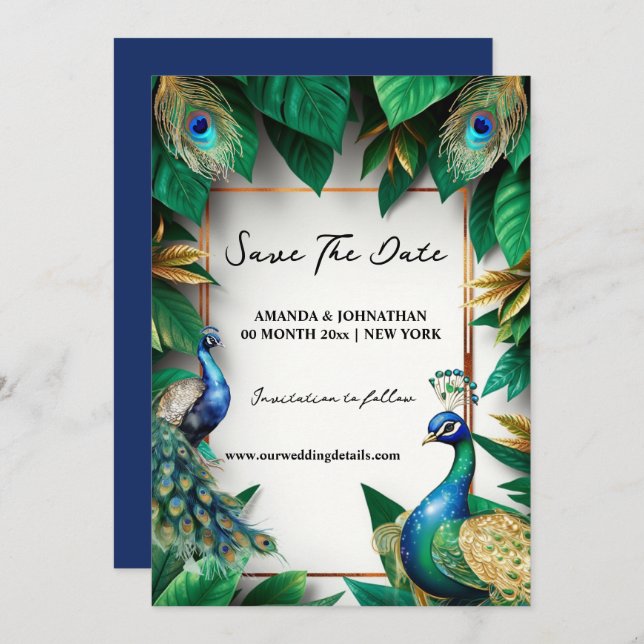 Reserva La Fecha Pájaros de pavo real lujosos plumas elegantes (Anverso / Reverso)