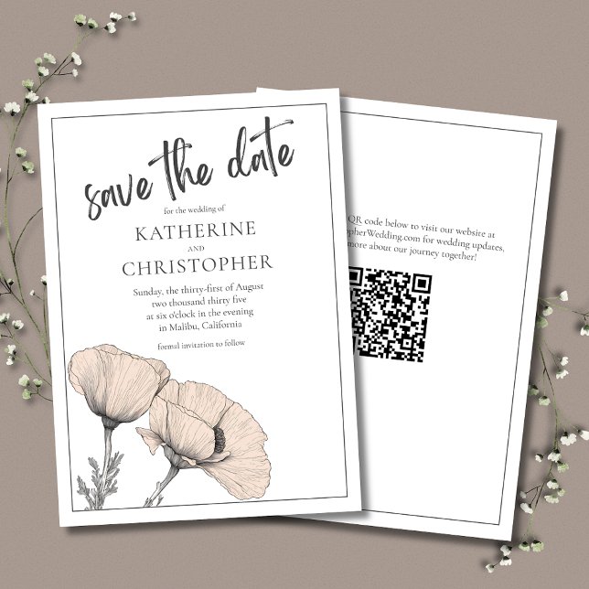 Reserva La Fecha Pale Peach Poppies Elegante Boda Floral (Pale Peach Poppies Elegant Save the Date Card with QR Code for Wedding Website.)