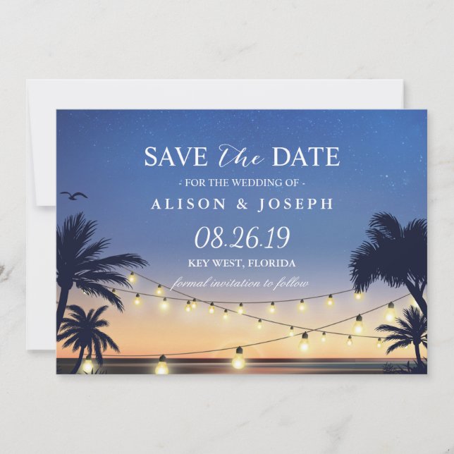 Reserva La Fecha Palm Beach Sunset String Lights Save the Date (Anverso)