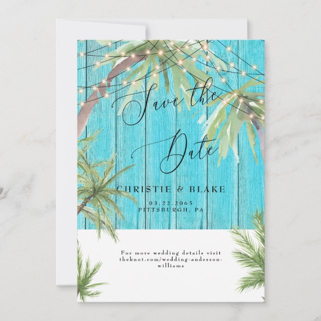 Reserva La Fecha Palm & Luces Tropicales Madera Turquesa (Anverso)
