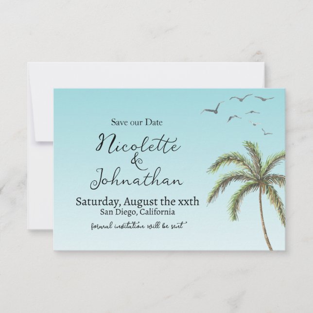 Reserva La Fecha Palm Tree and Birds Simple Beach Wedding (Anverso)