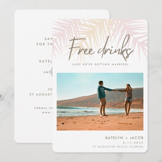 Reserva La Fecha Palm Tree Beach Free Bebidas Boda fotográfico (Anverso / Reverso)