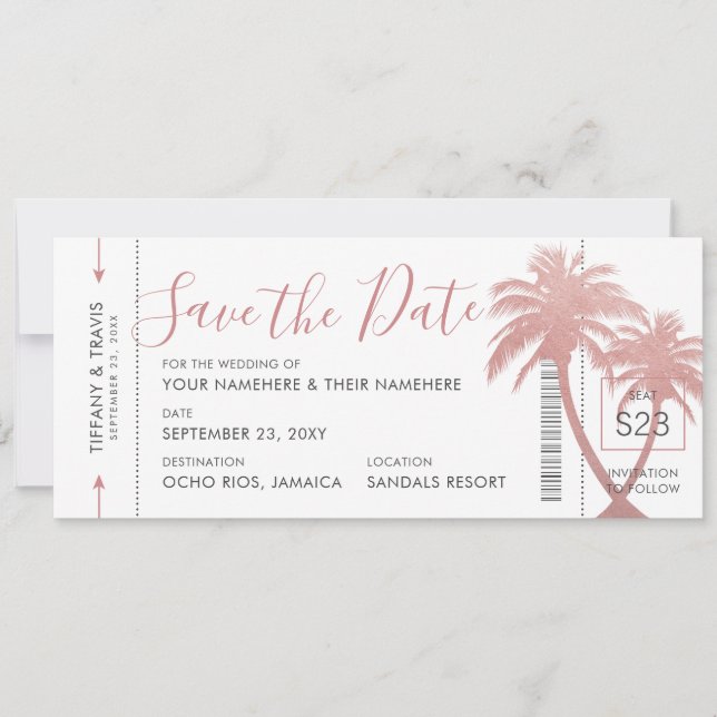 Reserva La Fecha Palm Tree Boarding Pass Ticket Rosa Gold Pink (Anverso)