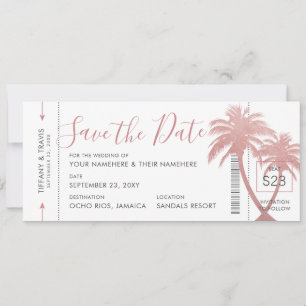 Reserva La Fecha Palm Tree Boarding Pass Ticket Rosa Gold Pink