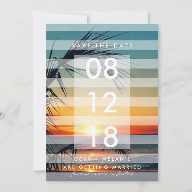 Reserva La Fecha Palm Trees Beach Sunset Photo Save the Fates (Anverso)