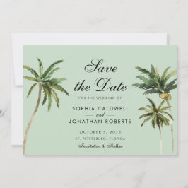 Reserva La Fecha Palm Trees Tropical Romance Pastel Boda Verde