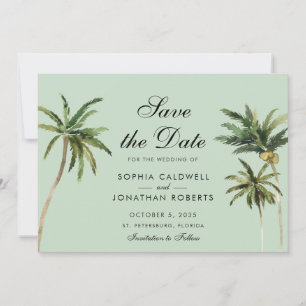 Reserva La Fecha Palm Trees Tropical Romance Pastel Boda Verde