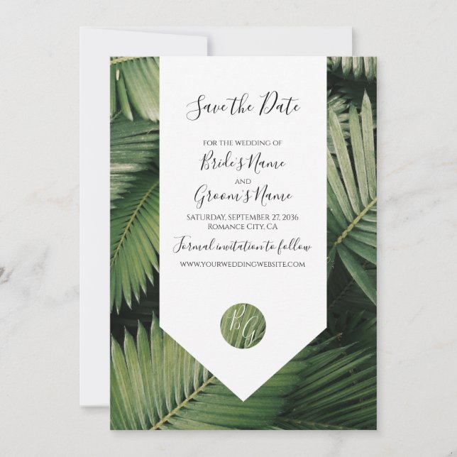 Reserva La Fecha Palm tropical deja Boda de vegetación (Anverso)