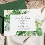 Reserva La Fecha Palm Tropical Salvaje<br><div class="desc">Esta palma tropical salvaje salva la tarjeta de fecha perfecta para una boda en la playa o destino. El diseño presenta una exótica variedad de hojas de plátano de palmera de color agua verde,  helechos,  follaje,  plantas botánicas y vegetación para un ambiente tropical de verano.</div>