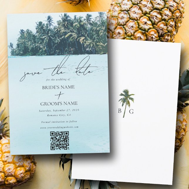 Reserva La Fecha Palmas de acuarela tropical y matrimonio de playa  (Tropical Watercolor Palms & Beach Wedding QR Code Save The Date)