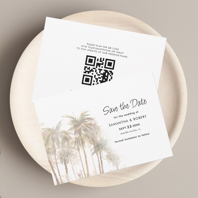 Reserva La Fecha Palmeras costeras y boda de código QR (Palm Trees QR Code Wedding Save the Date Announcement Horizontal Card)
