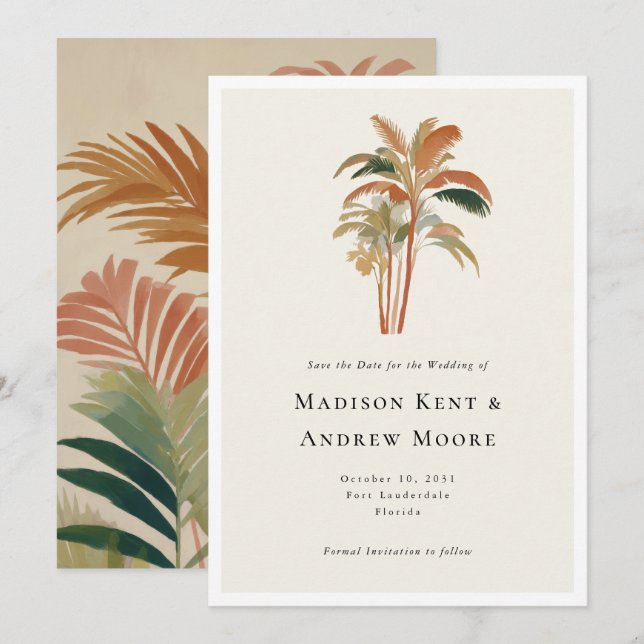 Reserva La Fecha Palmeras Tropicales Acuarela Pastel Boho Boda (Anverso / Reverso)