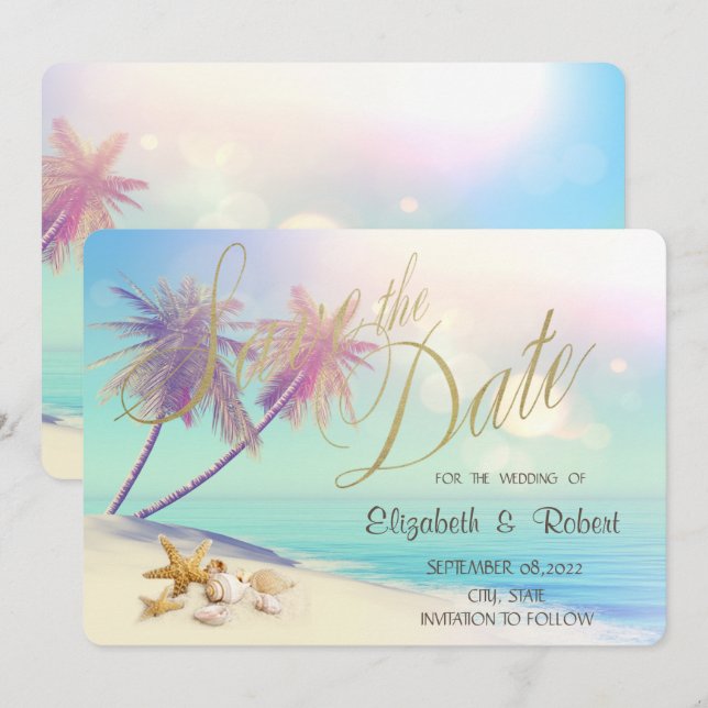 Reserva La Fecha Palms Beach Seashells Boda  Guardar La Fecha (Anverso / Reverso)