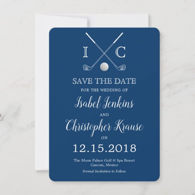 Reserva La Fecha Palos de Golf Monograma Azul Boda Save the Dates (Anverso)