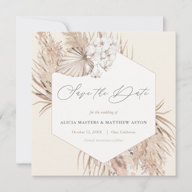 Reserva La Fecha Pampas Grass Dried Botanical Hexagon Save The Date (Anverso)