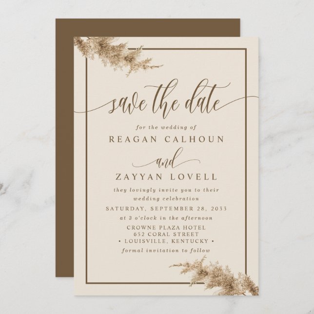 Reserva La Fecha Pampas Grass Moderno Caligraphy Save the Date (Anverso / Reverso)