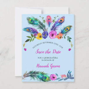 Reserva La Fecha Pañuelas de pavo real y flores azul de quinceañera