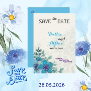 Reserva La Fecha Papel de Fieltro Crema Floral Azul Flor Ahorra la 