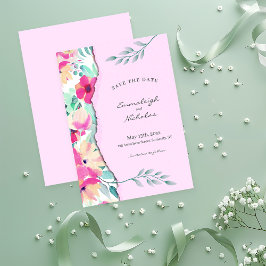 Reserva La Fecha Papel desgarrado Boda rosa floral tropical