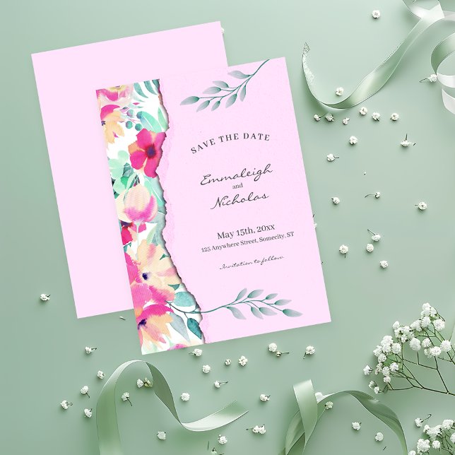 Reserva La Fecha Papel desgarrado Boda rosa floral tropical (Subido por el creador)