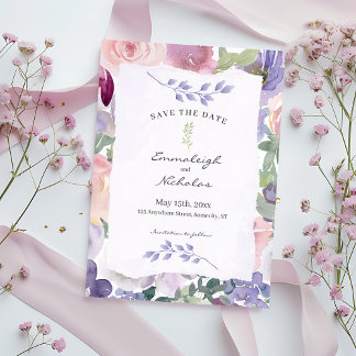 Reserva La Fecha Papel desgarrado Pastel Lilac Boda de acuarelas fl