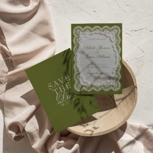 Reserva La Fecha Papel Oliva Verde Encaje Doily Boda Antigua Moneda