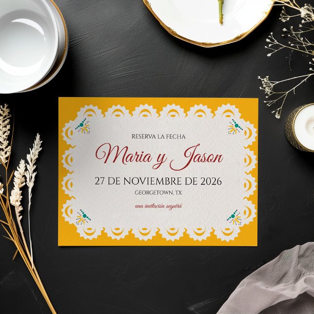Reserva La Fecha Papel Picado Amarillo Nuestra Boda Boda Española (Papel Picado Yellow Nuestra Boda Spanish Wedding Save The Date)
