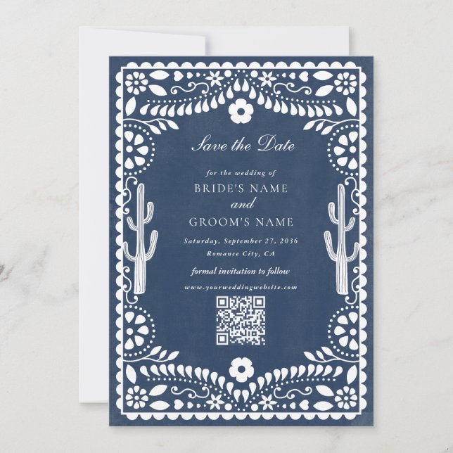 Reserva La Fecha Papel Picado Boda Mexican Rustic Blue Wedding (Anverso)
