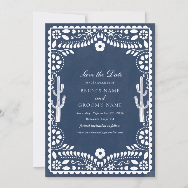 Reserva La Fecha Papel Picado Boda Mexicana Rústica Azul Boda (Anverso)