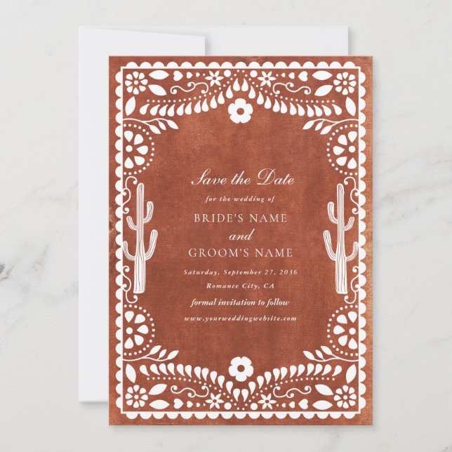 Reserva La Fecha Papel Picado Boda Mexicana Terracota Marrón Boda (Anverso)